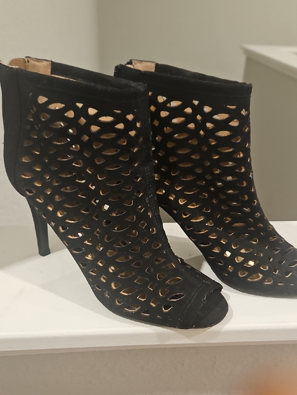 Thalia Sodi Black Laser-Cut Peep-Toe Ankle Booties